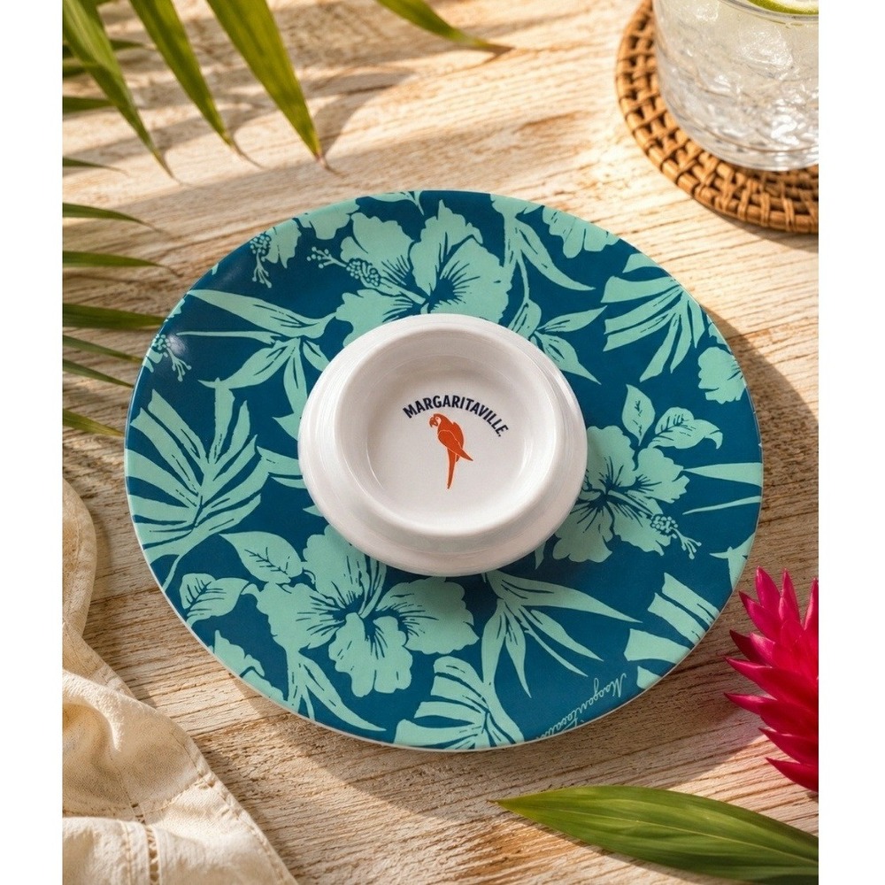 🌺Margaritaville Chip and Dip Bowl Teal Blue Hibiscus Floral Melamine NEW 12.2"